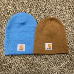 Carhartt Mens Blue and One Brown Beanie Set